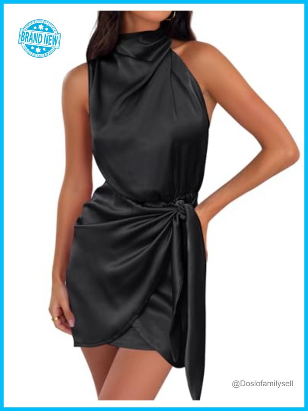 Satin Sleeveless Halter Tie Waist Wrap Bodycon Mini Dress